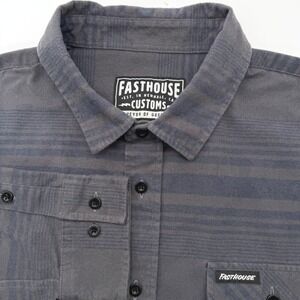 Fasthouse Customs Button Up Shirt Men L Gray Striped Long Sleeve Moto Utility